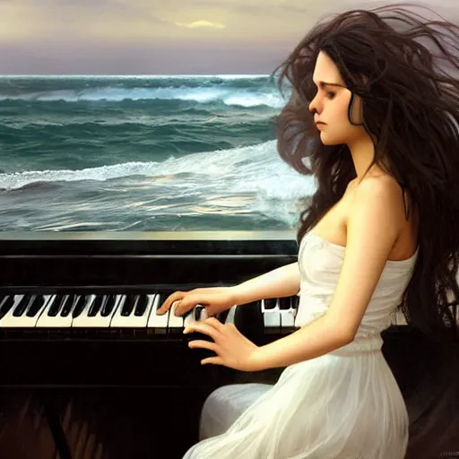 Prompt: A beautifull woman with long dark hair dressing a transparent white dress siting on a piano forte in the sea with Waves surrounding her, highly detailed, digital painting, artstation, concept art, sharp focus, illustration, art by artgerm and greg rutkowski and alphonse mucha