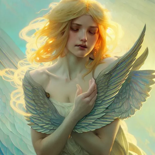 Image similar to A girl with blonde hair, glowing halo, huge highly detailed wings, fantasy, intricate, elegant, highly detailed, digital painting, artstation, concept art, smooth, sharp focus, illustration, art by Krenz Cushart and Artem Demura and alphonse mucha