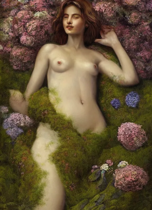 Image similar to digital _ painting _ of _ a woman on a bed of moss and flowers _ by _ filipe _ pagliuso _ and _ justin _ gerard _ symmetric _ fantasy _ highly _ detailed _ realistic _ intricate _ port