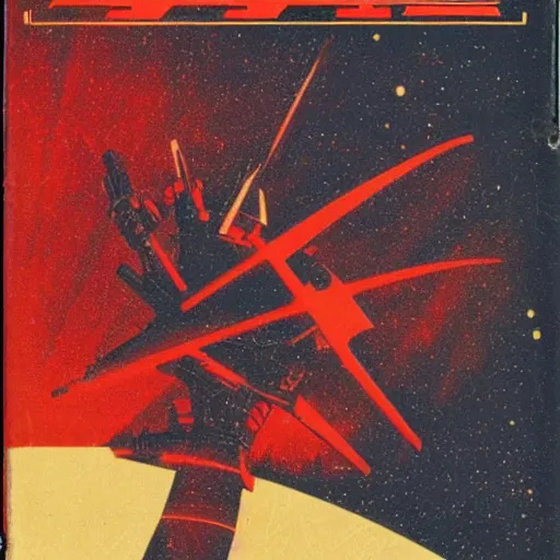Image similar to vintage sci-fi book cover, high detail, red color bleed, film grain