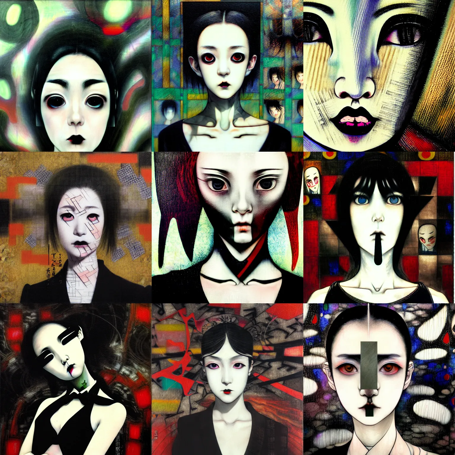 Image similar to yoshitaka amano blurred and dreamy realistic three quarter angle portrait of a young woman with black lipstick and black eyes wearing dress suit with tie, junji ito abstract patterns in the background, satoshi kon anime, noisy film grain effect, highly detailed, renaissance oil painting, weird portrait angle, blurred lost edges