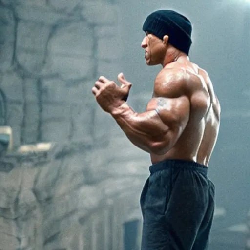 Image similar to a film still, Dwayne Johnson as rocky Balboa, cinematic, best scene