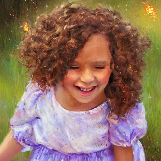 Image similar to A little girl with curly brown hair with a happy expression wearing a summer dress dancing with fireflies, beautiful oil painting trending on artstation