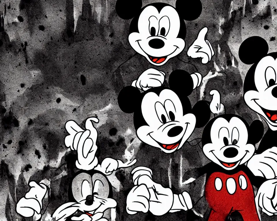 Image similar to a horror movie poster featuring Mickey Mouse