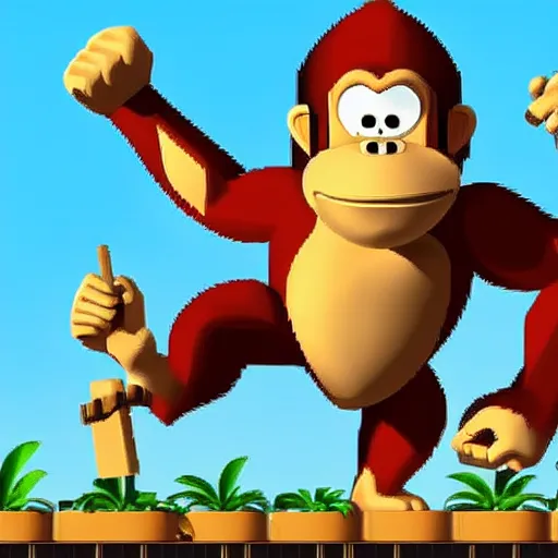 Prompt: Donkey Kong smashing down weed into large silver bags with a wooden mallet