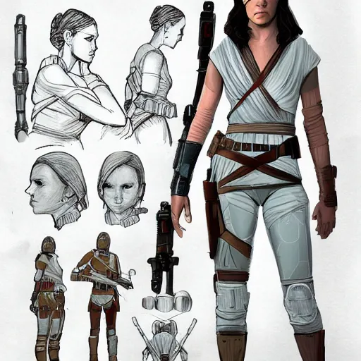 Image similar to ryan church concept art sketch star wars rey character reference sheet