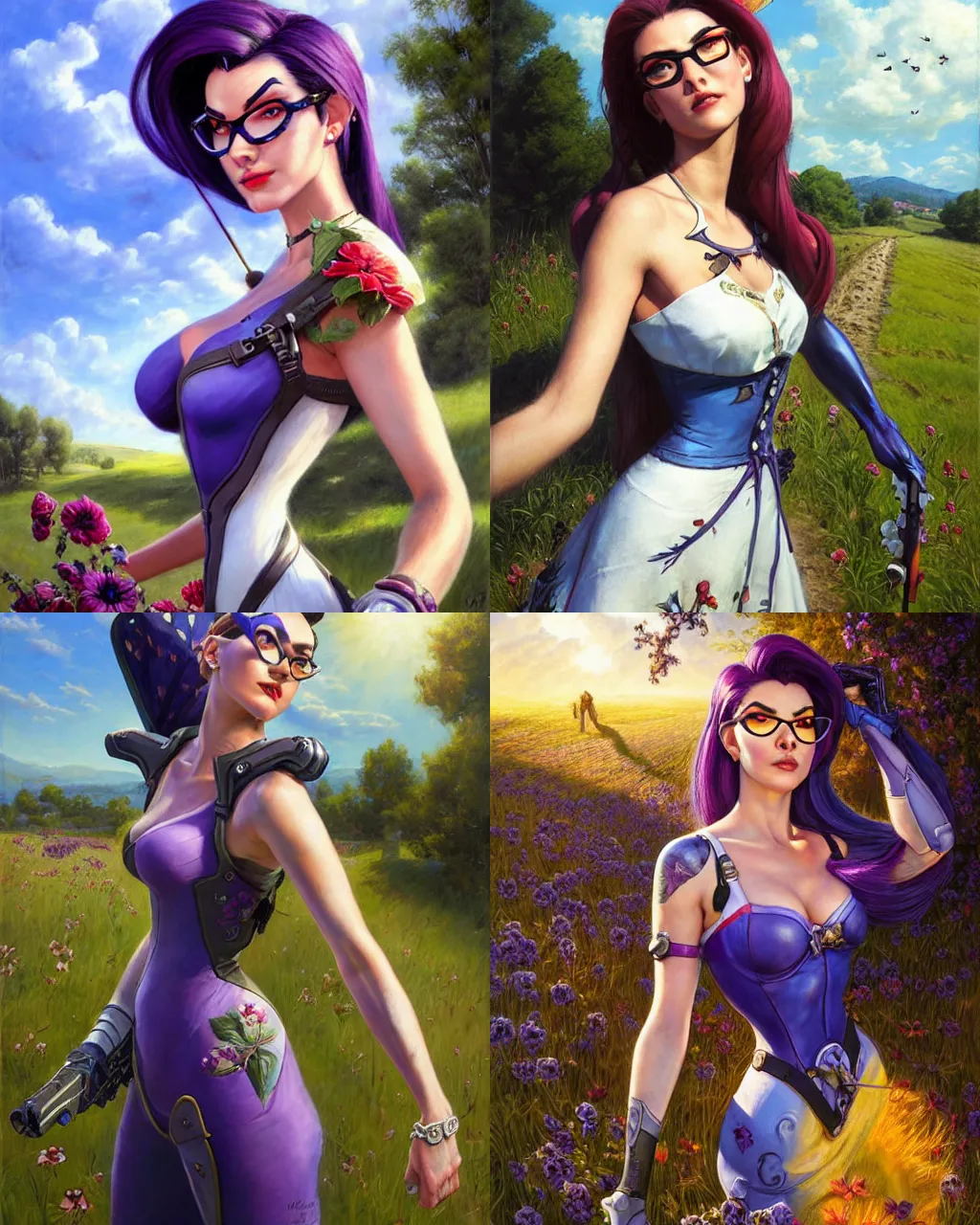 Prompt: portrait, widowmaker from overwatch wearing a beautiful summer dress in the countryside, by greg staples and jeff easley, beautiful scene, hyper - realistic, intricate, summer day, sunlight, cheerful, soft lighting, detailed, glasses