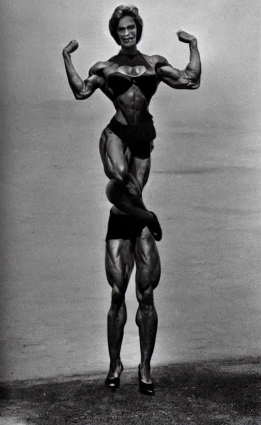 Image similar to gigachad as woman, full body photo, bodybuilder Ernest Khalimov, black and white photograph
