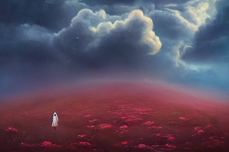 Image similar to giant dahlia flower as a head, girl walking on mountain, surreal photography, stars, dramatic light, impressionist painting, storm clouds, digital painting, artstation, simon stalenhag