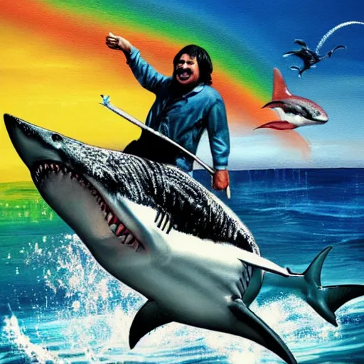 Image similar to jack black riding a shark, ocean, rainbow