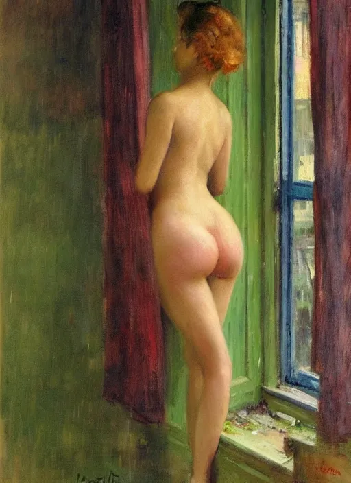 Prompt: A woman looking through a rainy window, raining outside, back view, wide shot, colorful string bikini, modest, 1950s, americana, award-winning, warm colors, by Ilya Repin, deviantart