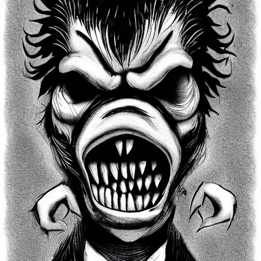 Image similar to a Pop Wonder scary horror themed goofy-hilarious-character Beethoven-werewolf-vampire, dime-store-comic drawn with charcoal and pen and ink, half-tone-line-stacking