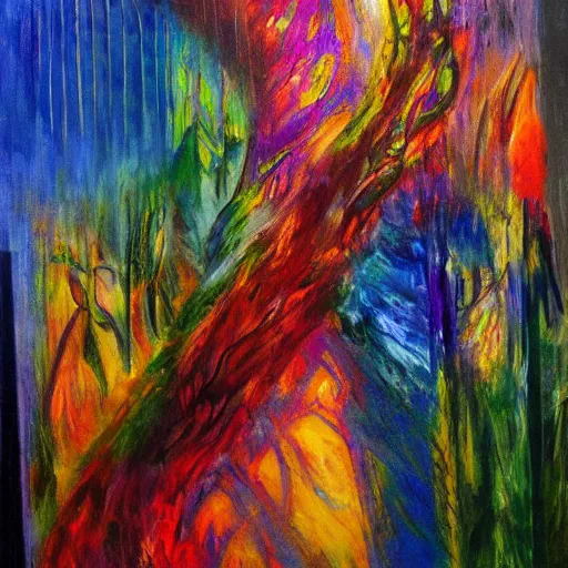 Prompt: A beautiful abstract acrylic pouring of a mythical, colorful staircase to heaven enlighted by golden mist by Leon Kossoff, Trending on artstation