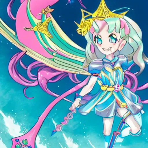 Image similar to atlantean anime magical girl flying with crystal energy rollerskates