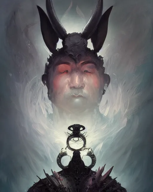 Image similar to Anthropomorphized black rabbit monk, centered, portrait, Path of Exile, Diablo, Warhammer, digital painting, highly detailed, concept art, Nekro, Peter Mohrbacher, Alphonse Mucha, Brian Froud, Yoshitaka Amano, Kim Keever, Victo Ngai, James Jean