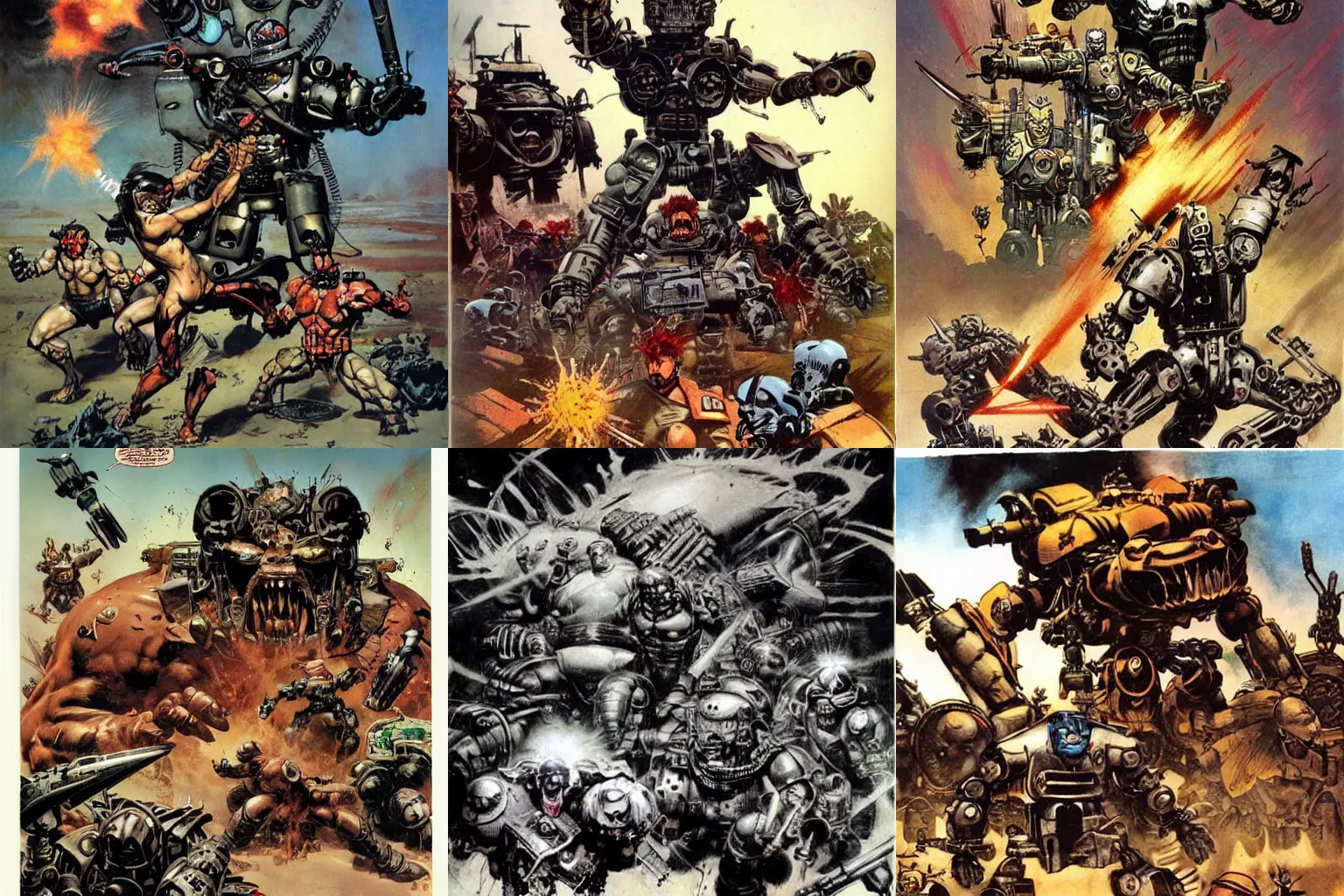 Prompt: savages fighting robots by frank frazetta and simon bisley