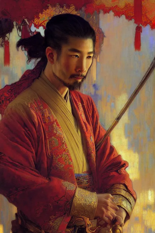 Prompt: attractive man, tang dynasty, cool colors, painting by gaston bussiere, craig mullins, greg rutkowski, alphonse mucha
