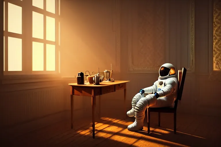 Image similar to a single cosmonaut in a spacesuit drinks a steaming cup of tea at an old wooden desk in a richly decorated Victorian house. the autumn light comes in through a window and dimly illuminates the room, diffuse light, octane render,