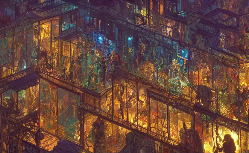 Prompt: an opulent favela environment, large crowd, elaborate, highly detailed, glass panes, billboards, glowing lights, dramatic lighting, photorealism, unreal engine, art by michael whelan and chris moore and howard david johnson and tim white and dan giancola