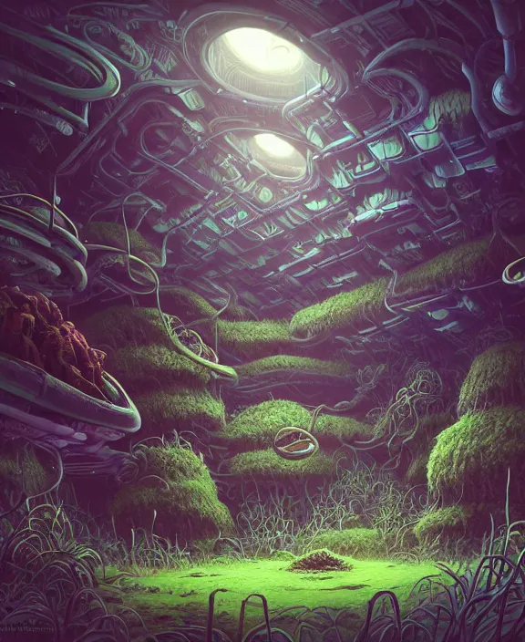 Image similar to a bunker made out of exotic fungus, overgrown with weird fungus and tendrils, spaceship, sci - fi, robots, noon, somber, partly cloudy, by dan mumford, yusuke murata, makoto shinkai, ross tran, cinematic, unreal engine, cel shaded, featured on artstation, pixiv