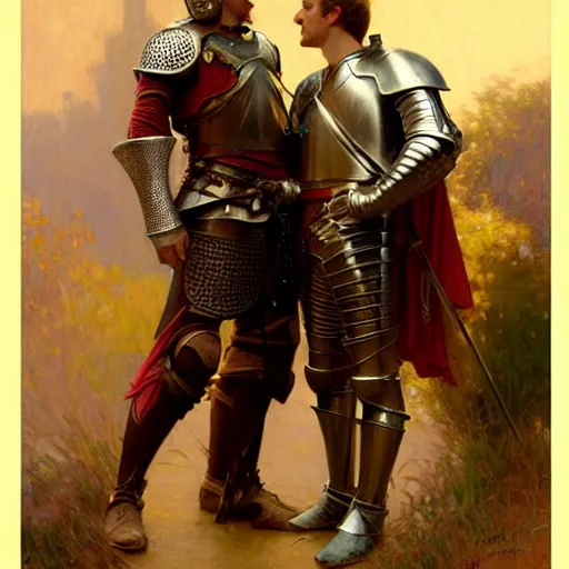 Image similar to attractive arthur pendragon and his attractive male knight, they are in love, natural lighting, path traced, highly detailed, high quality, digital painting, by gaston bussiere, craig mullins, alphonse mucha j. c. leyendecker