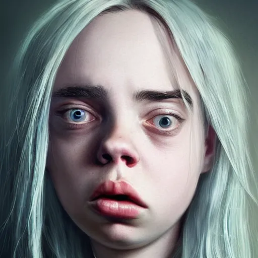 Image similar to cartoon painting of billie eilish with a big forehead by michal karcz