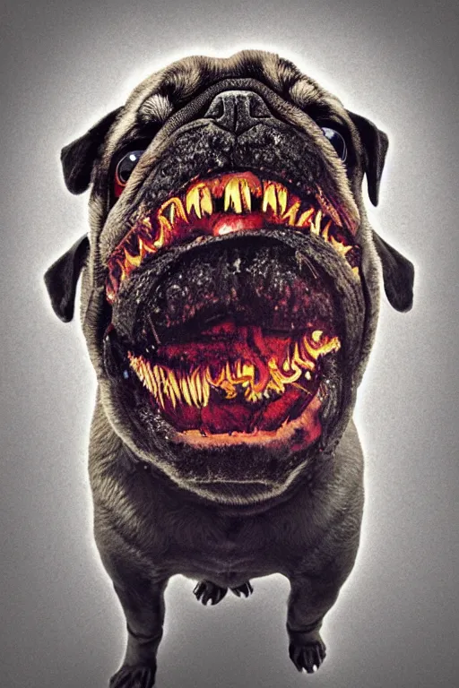 Image similar to demon pug eating flesh. art by mike winkelmann, sticker, illustration, highly detailed,