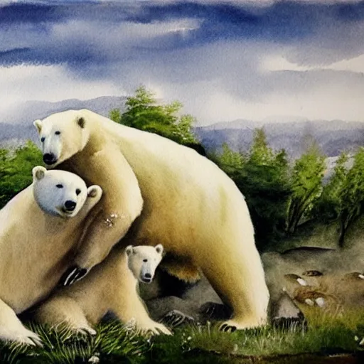 Image similar to an idyllic pastoral watercolor of polar bears fighting