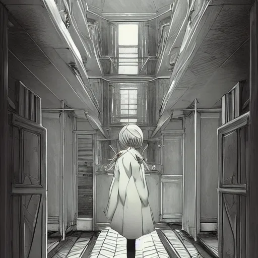 Image similar to a creepy porcelain doll - like woman walking through a bright white staircase with many doors and hallways, mc escher architecture, very detailed background, epic composition, anime key visual, anime style, by makoto shinkai