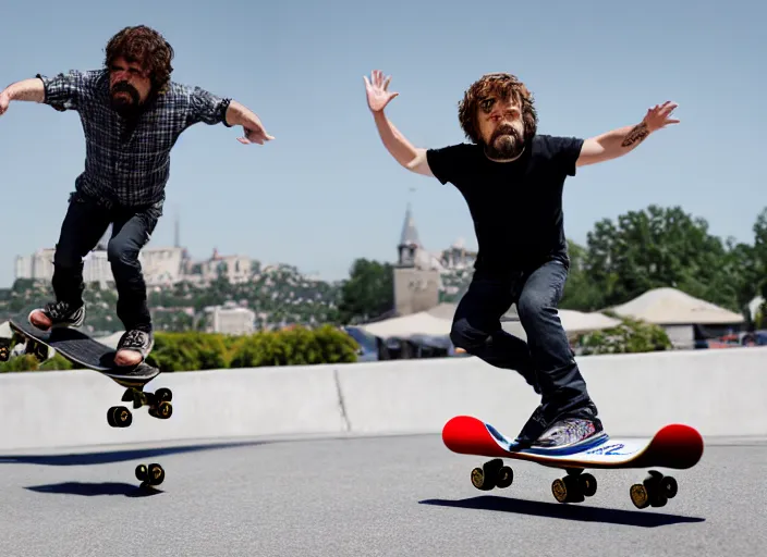 Prompt: dslr photo still of peter dinklage on a skateboard flying through the air, 4 k, 1 2 0 mm f 1 6