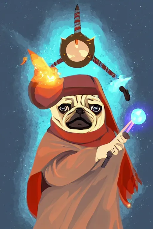 Image similar to Pug that is a wizard casting a spell , wizard, medieval, sticker, colorful, casting epic spell, magic the gathering artwork, D&D, fantasy, artstation, heroic pose, illustration, highly detailed, simple, smooth and clean vector curves, no jagged lines, vector art, smooth