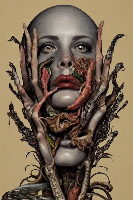 Image similar to Detailed maximalist portrait of a greek god with large lips and eyes, scared expression, botanical anatomy, skeletal with extra flesh, HD mixed media, 3D collage, highly detailed and intricate, surreal illustration in the style of Jenny Saville, dark art, baroque, centred in image