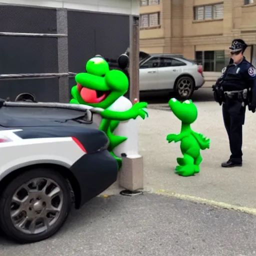 Image similar to photo of yoshi getting arrested for committing tax fraud, BuzzFeed photo (2022)