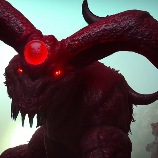 Image similar to cinematography picture of the big monster with horns and big red eye, cyclope, fluffy skin, red soft lights, 8k, unreal engine 5, cel-shading, photography, highly detailed