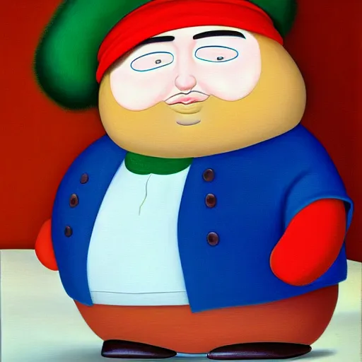 Image similar to a fernando botero painting of eric cartman, oil on canvas, art