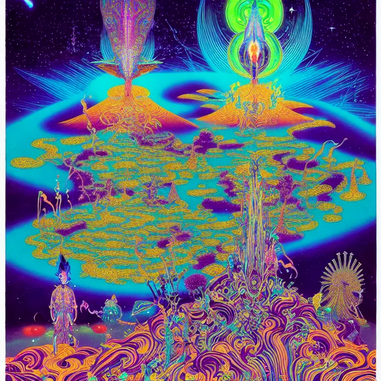 Image similar to cosmic third eye, magical crystal temple, psychedelic waves radiating, bright neon colors, highly detailed, cinematic, hiroo isono, eyvind earle, philippe druillet, roger dean, lisa frank, aubrey beardsley, ernst haeckel