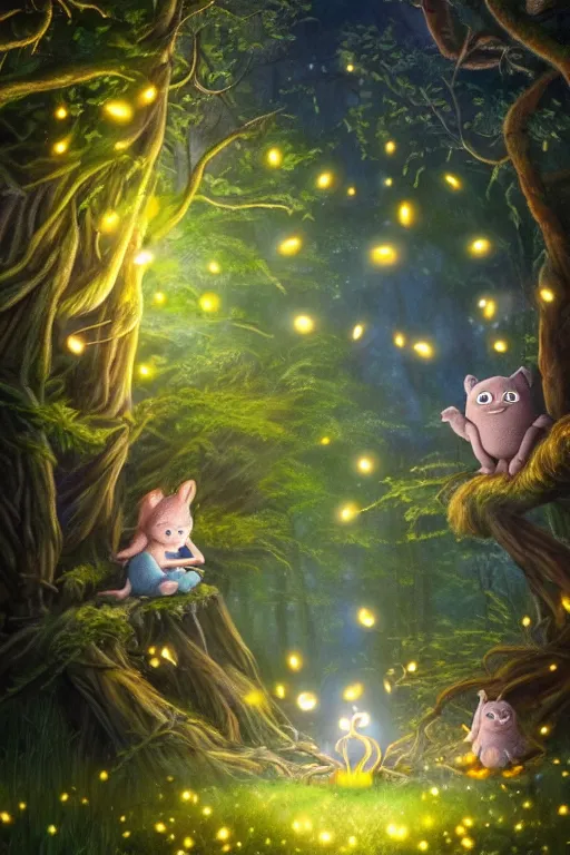 Prompt: Cute fireflies in a magical forest, oil canvas art by Basia tran fader, Katie Risor, Sandie Sonke and Maurice Sendak, 8k, ultra realistic , lens flare, atmosphere, glow, detailed,intricate, full of colour, cinematic lighting, trending on artstation, 4k, hyperrealistic, focused, extreme details,unreal engine 5, cinematic, masterpiece