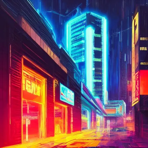 Image similar to cyberpunk neon city night with hooded figure painted by Turner