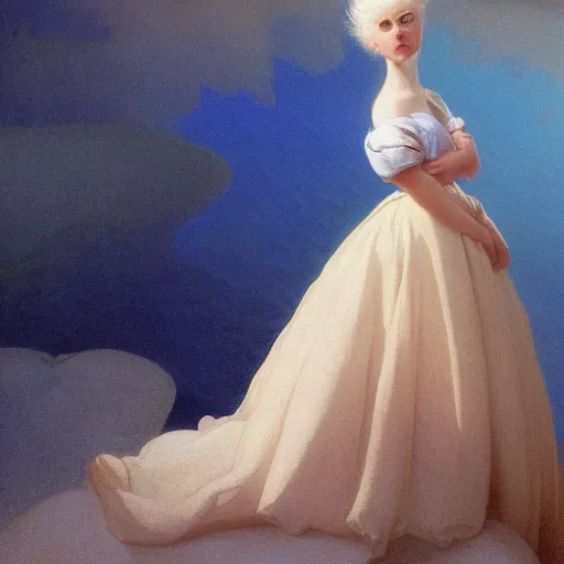 Image similar to a young woman's face, her hair is white and she wears a cobalt blue satin cloak, by ivan aivazovsky and syd mead and moebius and gaston bussiere and roger dean and pieter claesz and paul delaroche and alma tadema and aelbert cuyp and gerard borch, hyperrealistic, volumetric light, octane render