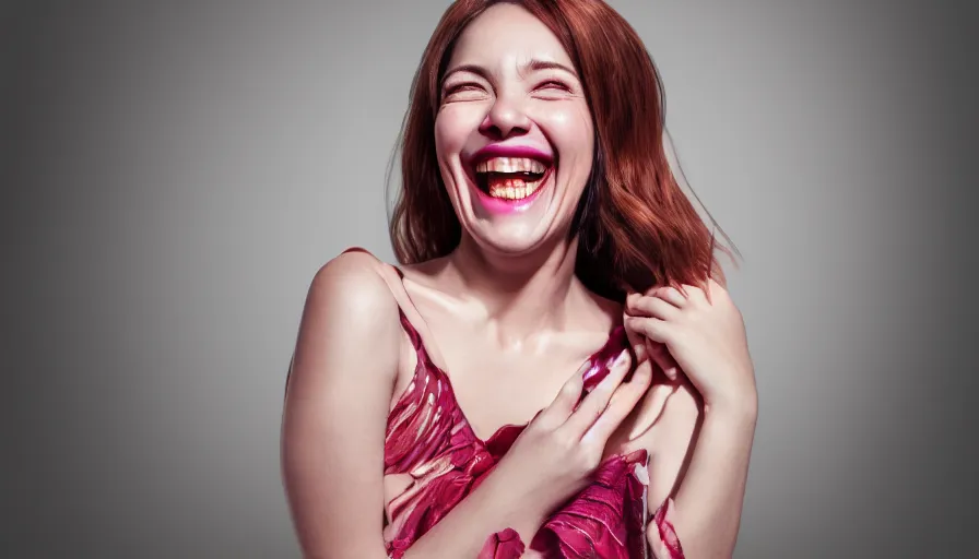 Prompt: portrait of a beatuiful jolly laughing woman with nice features, fantasy, kind vibe, looking into the camera, studio photography, studio lighting, realistic render, octane render, 4 k, 8 k, face in focus