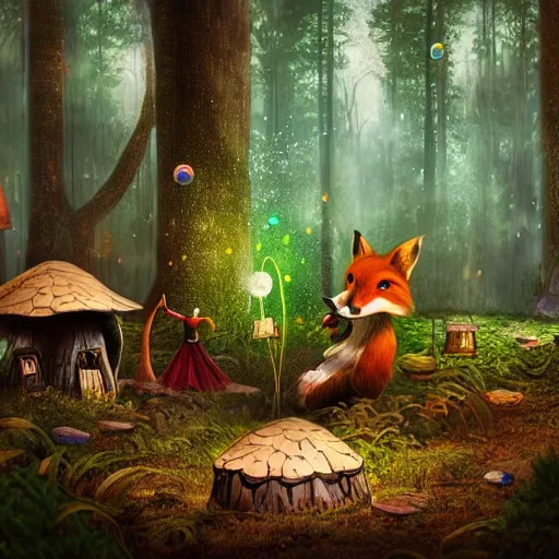 Image similar to A hyper real comic book style portait painting of an enchanted forest with toadstools and a forest hut. Soap bubbles in the air. A fox is watching, unreal 5, hyperrealistic, octane render, cosplay, RPG portrait, dynamic lighting