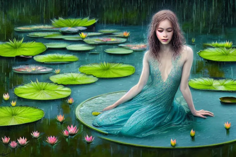 Image similar to light teal portrait in the rain on pond with waterlilies, fantasy, intricate, elegant, dramatic lighting, emotionally evoking symbolic metaphor, highly detailed, lifelike, photorealistic, digital painting, artstation, concept art, smooth, sharp focus, illustration, art by John Collier and Albert Aublet and Krenz Cushart and Artem Demura and Alphonse Mucha