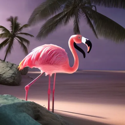 Prompt: pink flamingo with yoda ears wearing a ruffled dress on a palm tree beach, greg rutkowski and jason chan highly detailed cinematic lighting octane render unreal engine