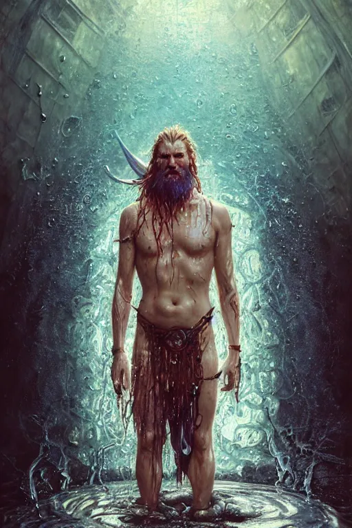 Prompt: portrait of a cyberpunk viking man, drenched body, wet dripping hair, emerging from the water, fantasy, regal, fractal crystal, fractal gems, by stanley artgerm lau, greg rutkowski, thomas kindkade, alphonse mucha, loish, norman rockwell.