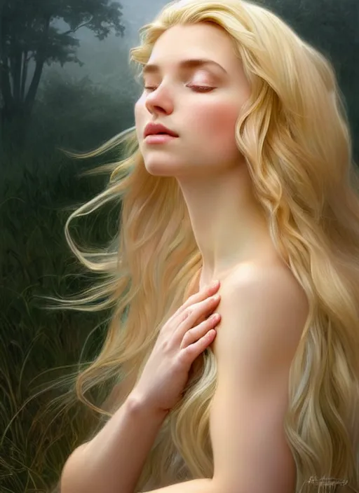 Image similar to perfectly feminine face meditation!! murky lighting, wind blowing, full body portrait of young fairy goddess blessed by nature with ever - increasing physical mental perfection, blonde, symmetrical! intricate, sensual, highly detailed, biblical divine holy perfection!! digital painting, artstation, concept art, smooth, sharp focus, by artgerm and greg rutkowski and alphonse mucha