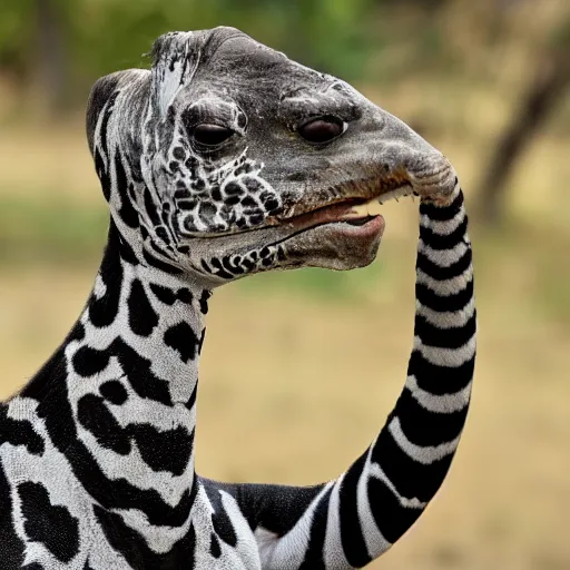 Prompt: long neck animal with spots eating tree leaves