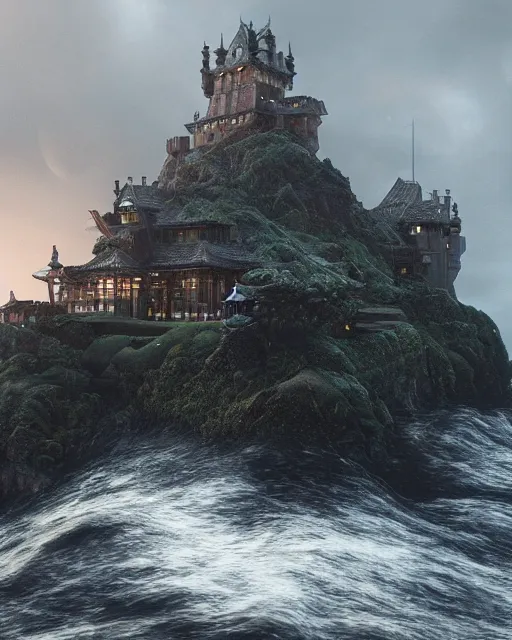 Image similar to a castle on an island. Dark stormy sea. intricate artwork by Tooth Wu and wlop and beeple. octane render, hyper realism, 8k