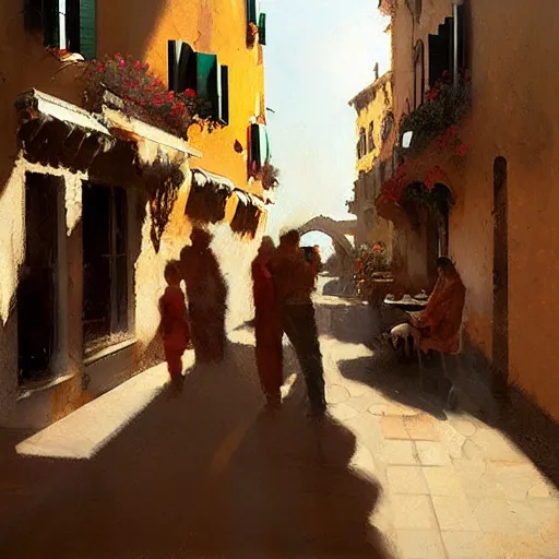 Image similar to italian restaurant in venice, sunny, shadows, craig mullins