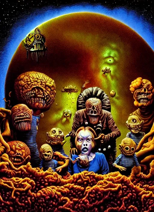 Prompt: detailed image of a creepy family eating the deep space by richard corben, rich deep colors. masterpiece . intricate artwork, very coherent symmetrical artwork, cinematic, hyper realism, high detail, octane render, unreal engine, 8k, Vibrant colors, Smooth gradients, High contrast, depth of field. by Katsuhiro Otomo, full body character drawing, inspired by Evangeleon, clean ink detailed line drawing, intricate detail, extremely detailed.