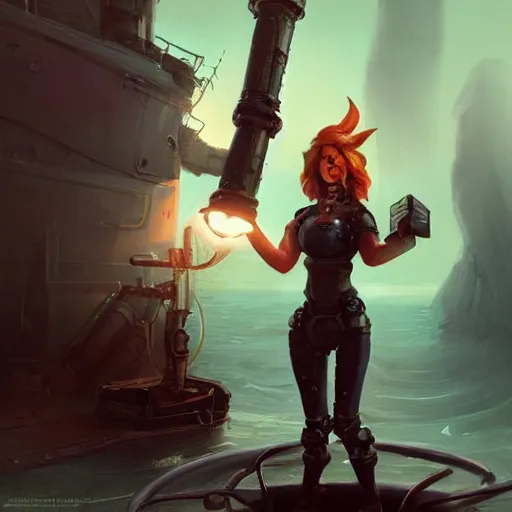 Prompt: muscular beautiful female gnome engineer with pixie undercut hair, one prosthetic robot arm, standing on a ship deck, full body portrait, dark fantasy, naval background, D&D, piercing stare, highly detailed, digital painting, HD, ArtStation, great composition, concept art, matte, sharp focus, illustration, in the style of Greg Rutkowski, joyful 4k